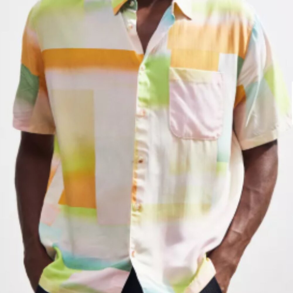 Urban Outfitters Blocked Gradient Pastel Short Sleeve Button-Down Shirt Size XL